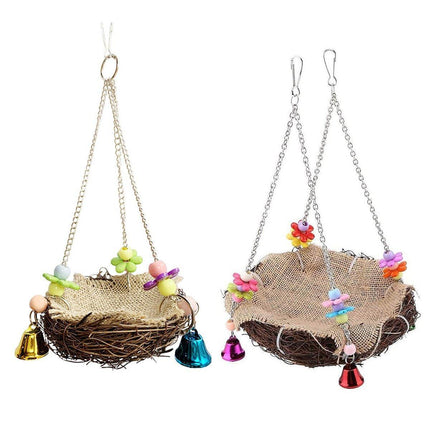 Bird Parrot Swing Stand Rattan Nest Hanging Basket Chew Toy for Small Medium Pet - L-20cm.