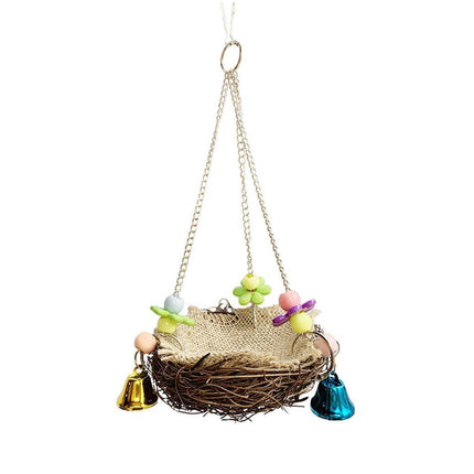 Bird Parrot Swing Stand Rattan Nest Hanging Basket Chew Toy for Small Medium Pet - L-20cm.