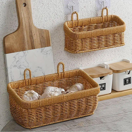Wall-Mounted Rattan Style Hanging Storage Basket Kitchen Vegetable Fruit Basket - Small.