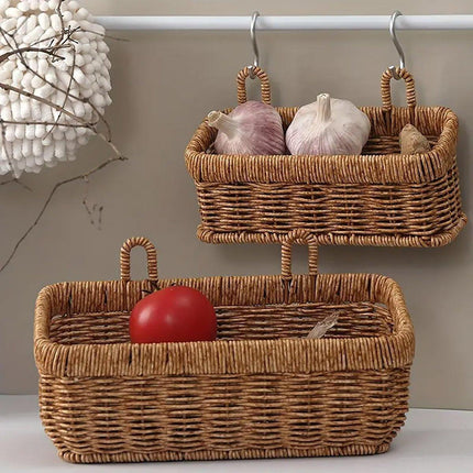 Wall-Mounted Rattan Style Hanging Storage Basket Kitchen Vegetable Fruit Basket - Small.