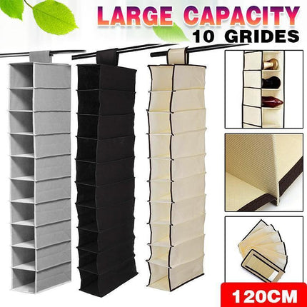 10 Tier Clothes Organiser Wardrobe Hanging Storage Closet Shoes Hanger Bag AU - Black.