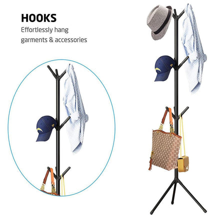 6Hooks Coat Stand Rack Clothes Hanger Hat Tree Jacket Umbrella Storage Organizer - Black.