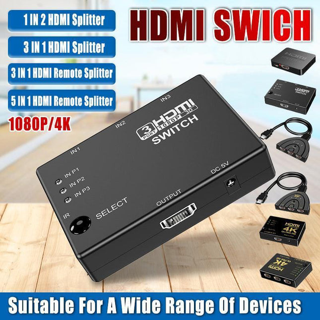 HDMI Switch Splitter 3-in-1 5-in-1 or 1-in-2 1080p 4K Manual or Remote Options - 3 in 1 Switch 1080p Remote.