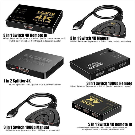 HDMI Switch Splitter 3-in-1 5-in-1 or 1-in-2 1080p 4K Manual or Remote Options - 3 in 1 Switch 4K Manual.