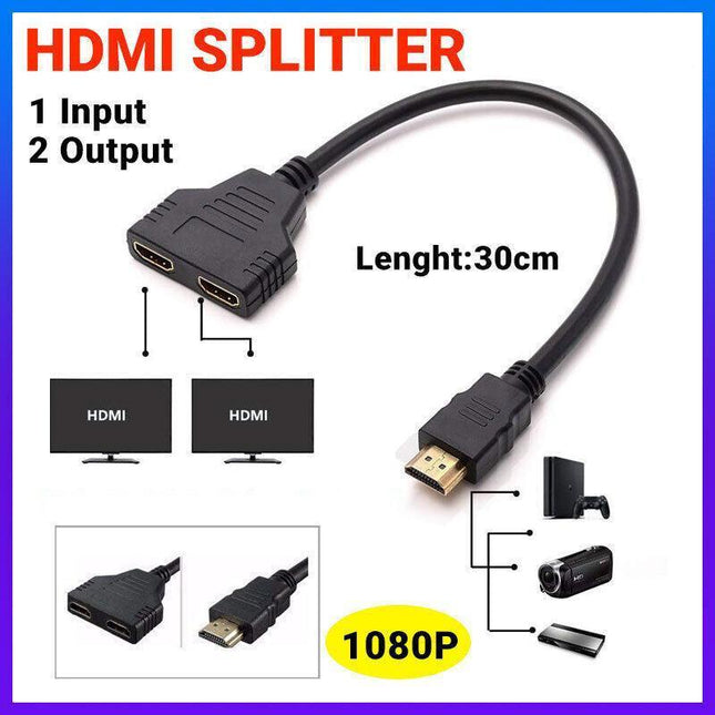Hdmi Splitter 1 In 2 Out Cable Adapter Converter 1080P Multi Display Duplicator.