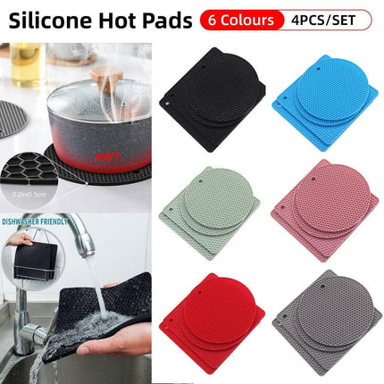 4pcs Silicone Honeycomb Heat Resistant Mats Table Cup Pot Coasters Home Kitchen - Black.