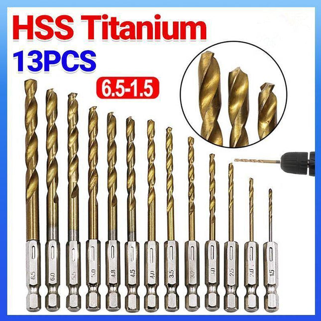 13pcs Quick Change Hss Titanium Drill Bits Hex Shank Set Soft Metal Wood Timber.