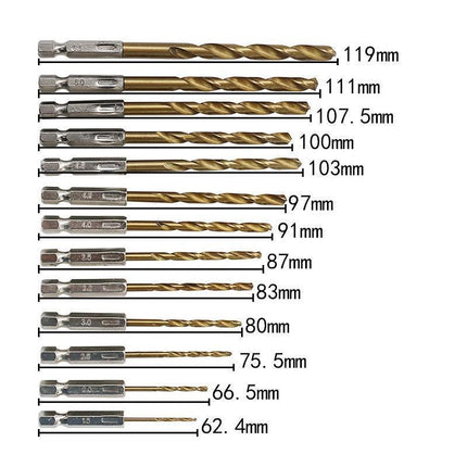 13pcs Quick Change Hss Titanium Drill Bits Hex Shank Set Soft Metal Wood Timber.