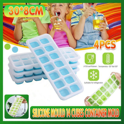 4Pcs Ice Cube Tray With Lid Easy Release Silicone Mould 14 Cubes Container Mold - Blue.