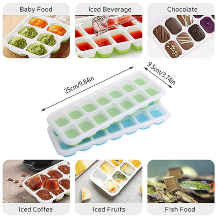 4Pcs Ice Cube Tray With Lid Easy Release Silicone Mould 14 Cubes Container Mold - Blue.