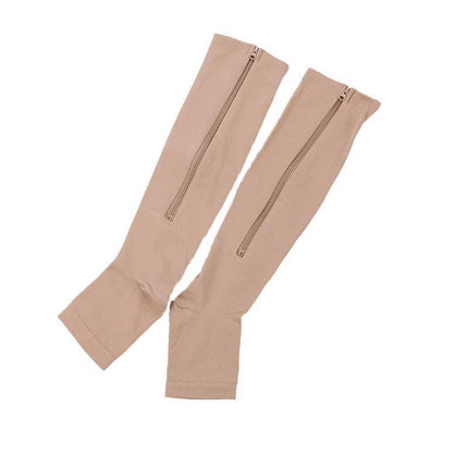 Zip Sox Compression Socks Zipper Leg Support Knee Open Toe Shaper Stockings Beige - L/XL.