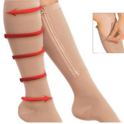 Zip Sox Compression Socks Zipper Leg Support Knee Open Toe Shaper Stockings Beige - XXL.