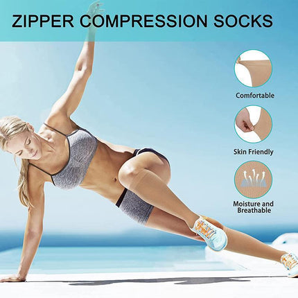Zip Sox Compression Socks Zipper Leg Support Knee Open Toe Shaper Stockings Beige - XXL.