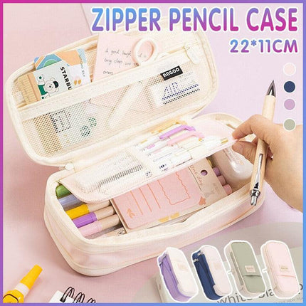 Zipper Pencil Case Pen Bag Organizer School Office Cosmetic Stationery Storage - Beige-Dark Blue.
