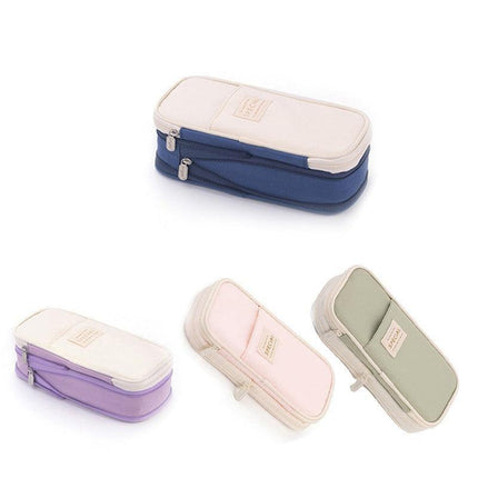Zipper Pencil Case Pen Bag Organizer School Office Cosmetic Stationery Storage - Beige-Dark Blue.