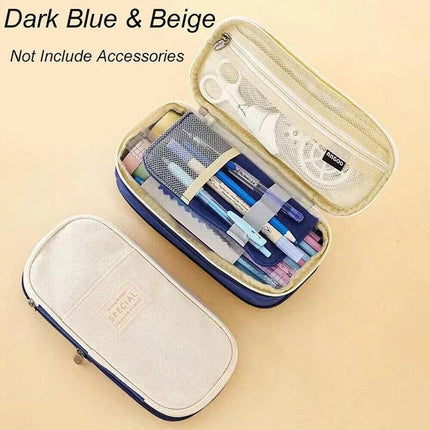 Zipper Pencil Case Pen Bag Organizer School Office Cosmetic Stationery Storage - Beige-Dark Blue.