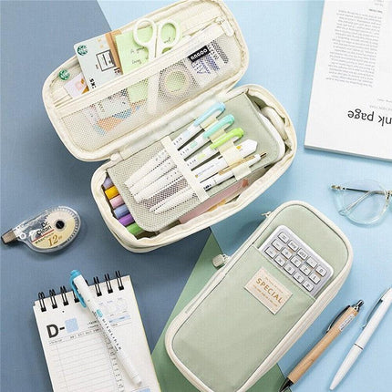 Zipper Pencil Case Pen Bag Organizer School Office Cosmetic Stationery Storage - Beige-Dark Blue.