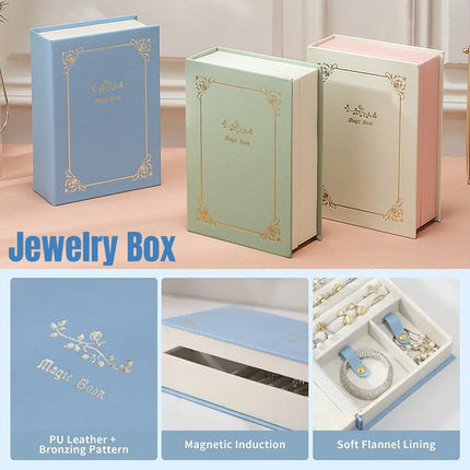 Creative PU Leather Jewelry Box Book Earrings Rings Necklace Organizer Holder - Green.