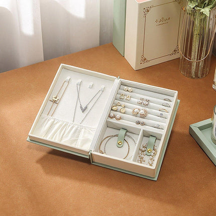 Creative PU Leather Jewelry Box Book Earrings Rings Necklace Organizer Holder - Green.