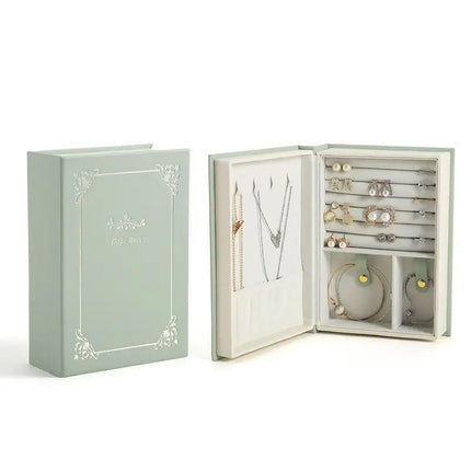 Creative PU Leather Jewelry Box Book Earrings Rings Necklace Organizer Holder - Green.