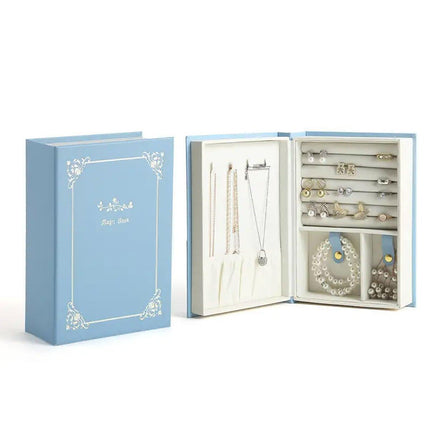 Creative PU Leather Jewelry Box Book Earrings Rings Necklace Organizer Holder - White.