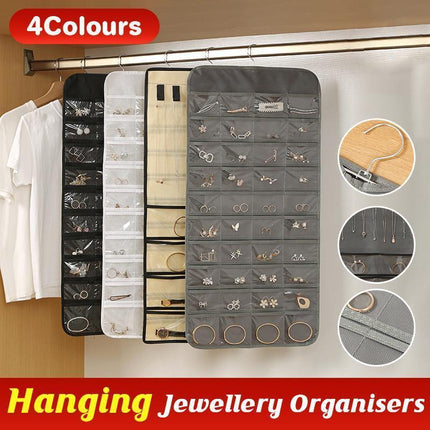 80 Pockets Jewelry Hanging Storage Organizer Holder Earring Display Pouch Bag - Beige.