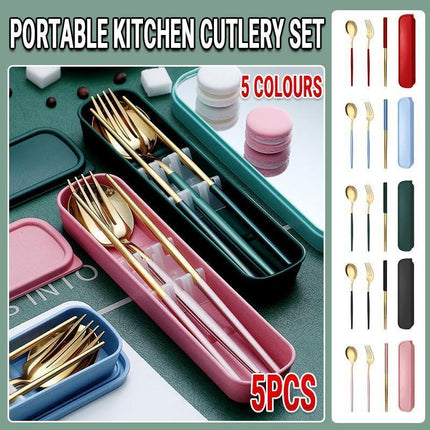 5PC Stainless Steel Portable Cutlery Set -  Fork Spoon for Travel & Picnic - Black.