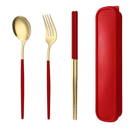 5PC Stainless Steel Portable Cutlery Set -  Fork Spoon for Travel & Picnic - Red.