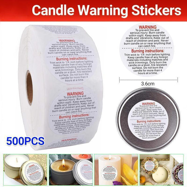 500PCS Candle Warning Labels Roll Round Stickers for Jars Wax Melts Containers.