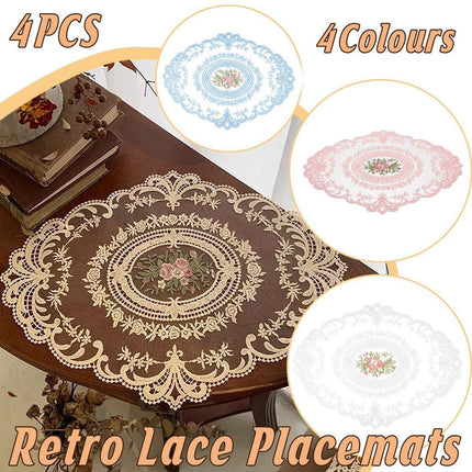 4 Pack Retro Lace Oval Placemats 31x42cm French Crochet Doilies 4 Colors Set - White.