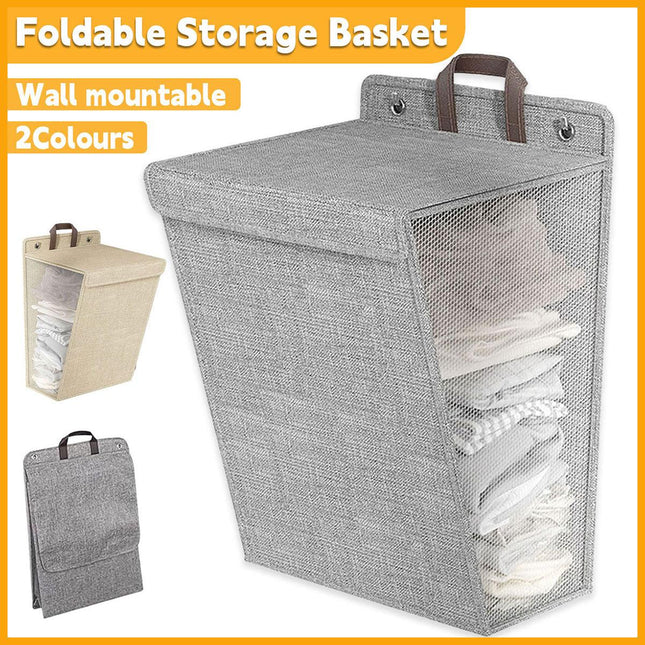 Foldable Laundry Basket Wall Mounted Clothes Storage Basket Household Organizer - Beige.