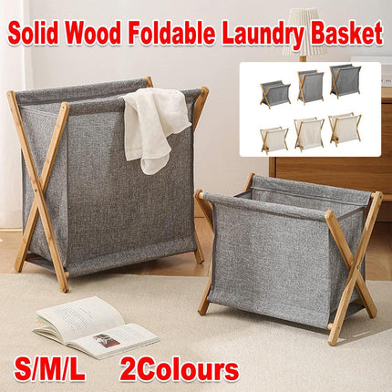 Wooden Collapsible Laundry Basket Dirty Clothes Storage Household Organizer - Beige-S.