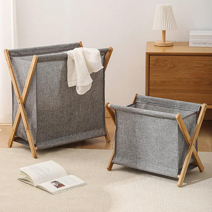 Wooden Collapsible Laundry Basket Dirty Clothes Storage Household Organizer - Beige-S.