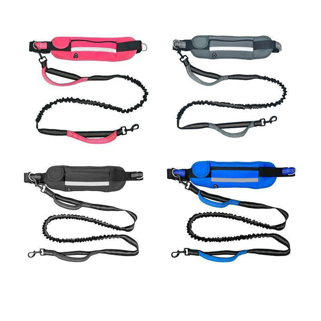 Hands Free Dog Leash Adjustable Lead with Waist Belt Bag for Walking Jogging Running - Black + Blue.