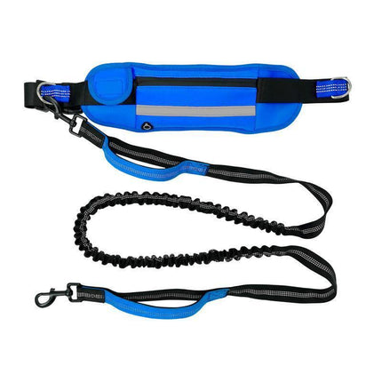 Hands Free Dog Leash Adjustable Lead with Waist Belt Bag for Walking Jogging Running - Black + Blue.