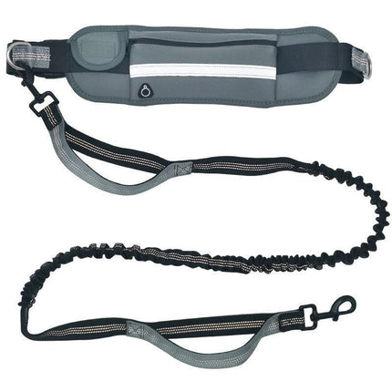Hands Free Dog Leash Adjustable Lead with Waist Belt Bag for Walking Jogging Running - Black + Blue.