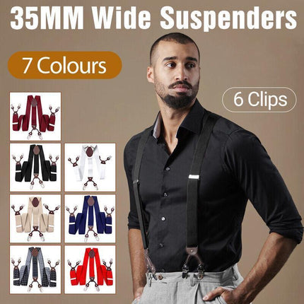 Adjustable 35mm Wide Suspenders for Men with 6 Clips Elastic Leather Braces - Grey.