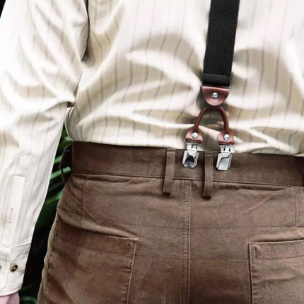 Adjustable 35mm Wide Suspenders for Men with 6 Clips Elastic Leather Braces - Grey.