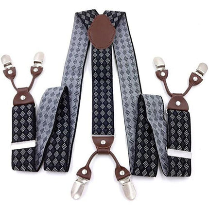 Adjustable 35mm Wide Suspenders for Men with 6 Clips Elastic Leather Braces - Grey.