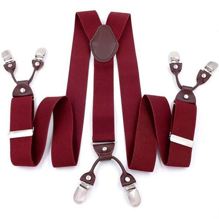Adjustable 35mm Wide Suspenders for Men with 6 Clips Elastic Leather Braces - Red.