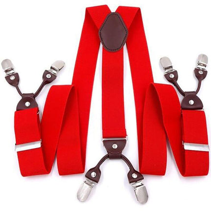 Adjustable 35mm Wide Suspenders for Men with 6 Clips Elastic Leather Braces - Red.
