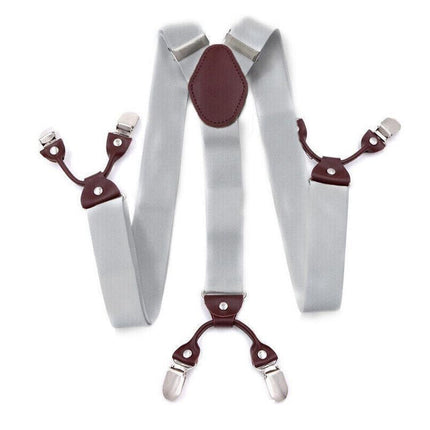 Adjustable 35mm Wide Suspenders for Men with 6 Clips Elastic Leather Braces - Wine Red.