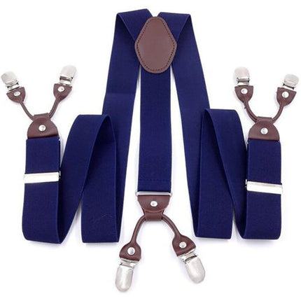 Adjustable 35mm Wide Suspenders for Men with 6 Clips Elastic Leather Braces - Wine Red.