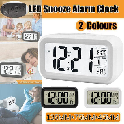 Digital Bedside Led Snooze Alarm Clock Time Temperature Day/Night Desktop Clock - White.