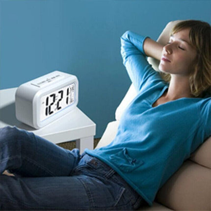 Digital Bedside Led Snooze Alarm Clock Time Temperature Day/Night Desktop Clock - White.