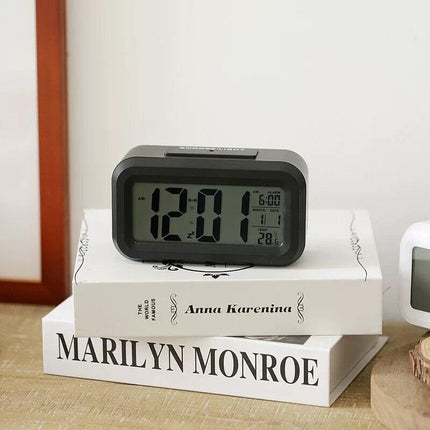 Digital Bedside Led Snooze Alarm Clock Time Temperature Day/Night Desktop Clock - White.