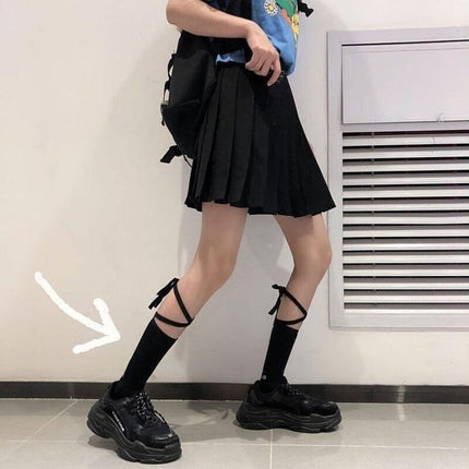 Cross-Tie Women Lolita Socks Bandage Stockings Korean Style Middle Tube Socks - White+White.