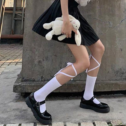 Cross-Tie Women Lolita Socks Bandage Stockings Korean Style Middle Tube Socks - White+White.