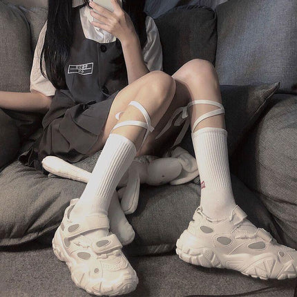 Cross-Tie Women Lolita Socks Bandage Stockings Korean Style Middle Tube Socks - White+White.