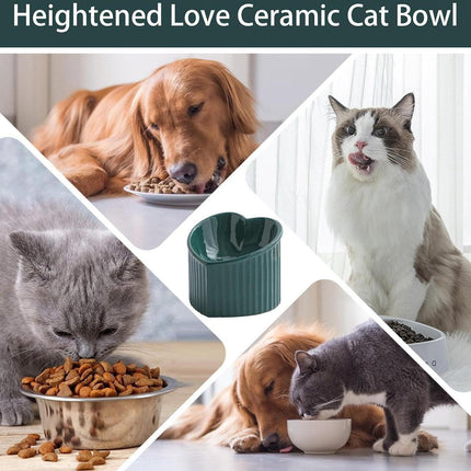 Love Shape Slanted Cat Bowl Ceramic Pet Bowl for Cats Food Water Feeding Dish - Green.